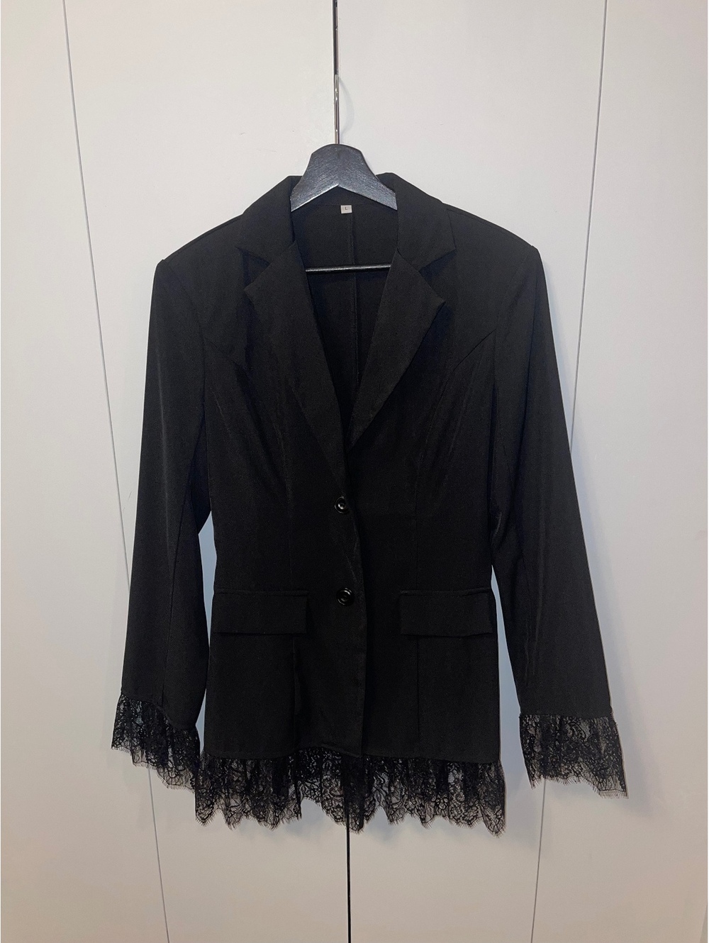 Women’s Black Lace Trim Blazer Size L Romantic Gothic Tailored Jacket